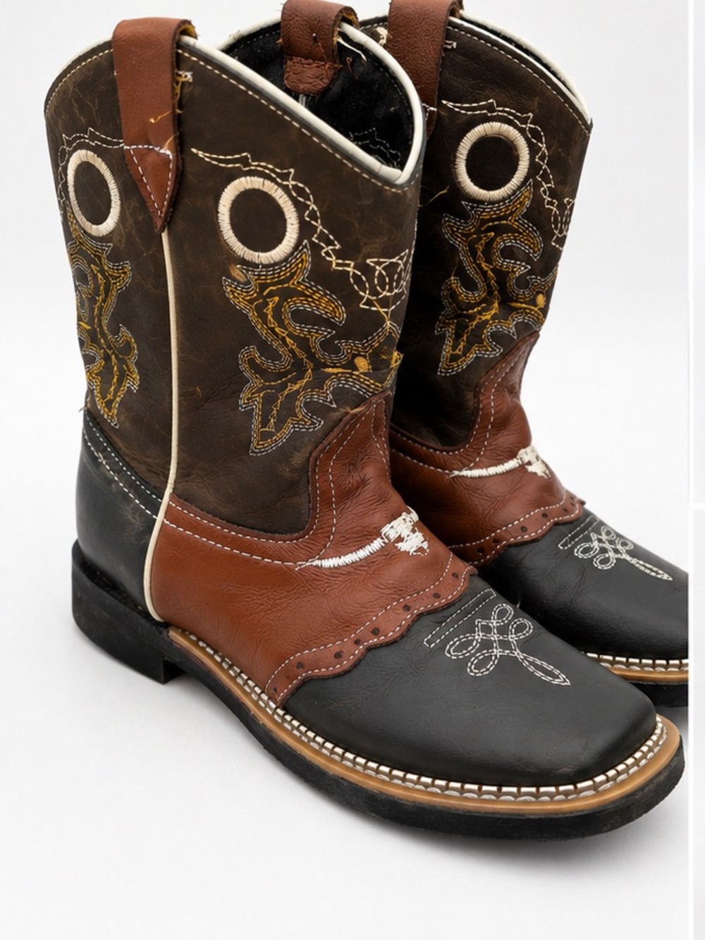 Kids Cowboy Boots Approx Size 1M Brown Black Western Square Toe